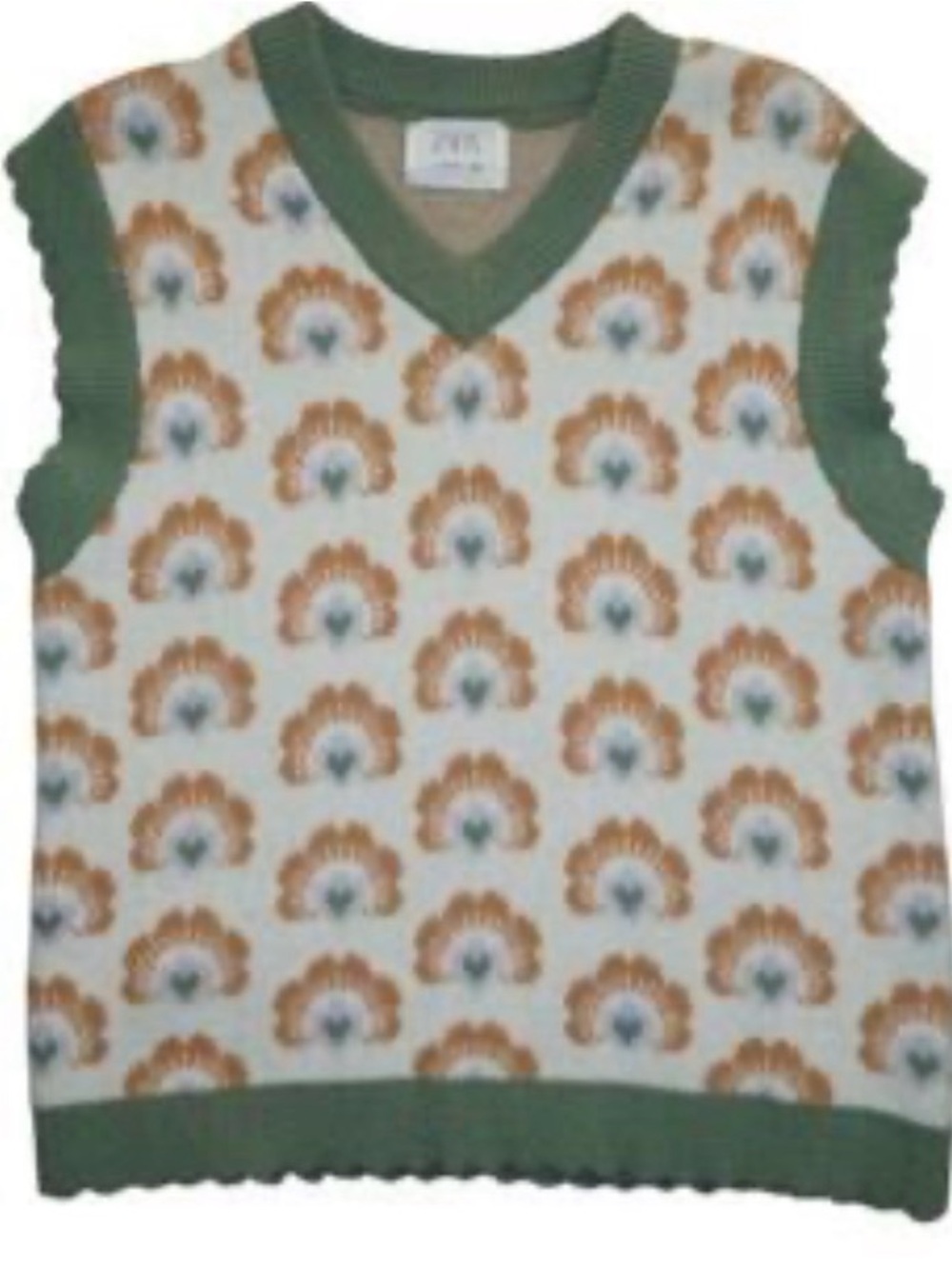 Zara Girls Boho Floral Jacquard Knit Sweater Vest Sage Green & Orange sz 13-14